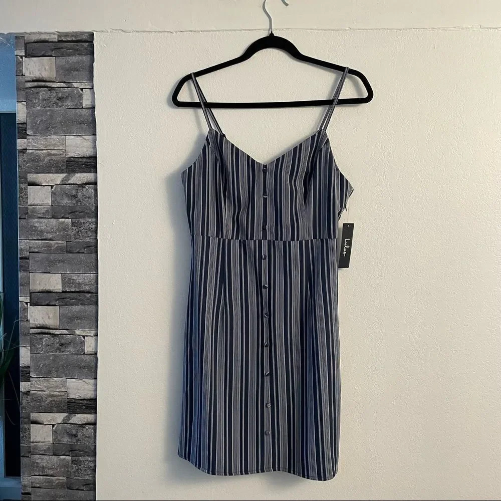 Navy Blue Striped Button-Front Mini Dress - Picture 10 of 14